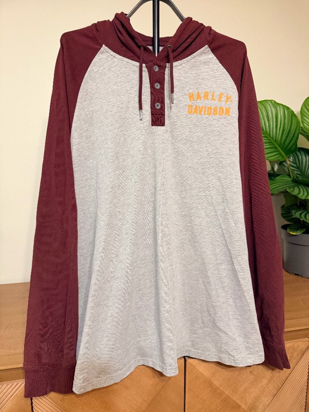 Harley-Davidson Hooded Henley 3XL Grey Maroon | Soft Jersey